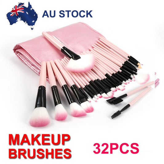 32 Pcs Pink Natural Hair Makeup Brushes Set