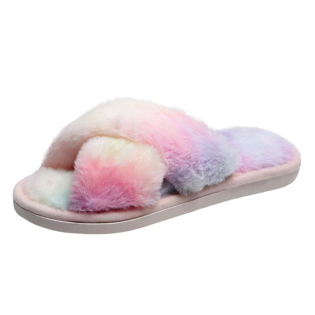 Colorful Fur Fluffy Slippers Sliders Cross Open Toe