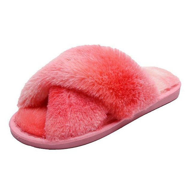 Colorful Fur Fluffy Slippers Sliders Cross Open Toe