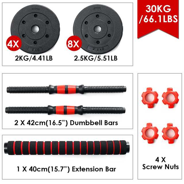 GEEMAX Gym Weight 10/20/30KG Dumbbell Adjustable Barbell Set with Bar Fitness Workout